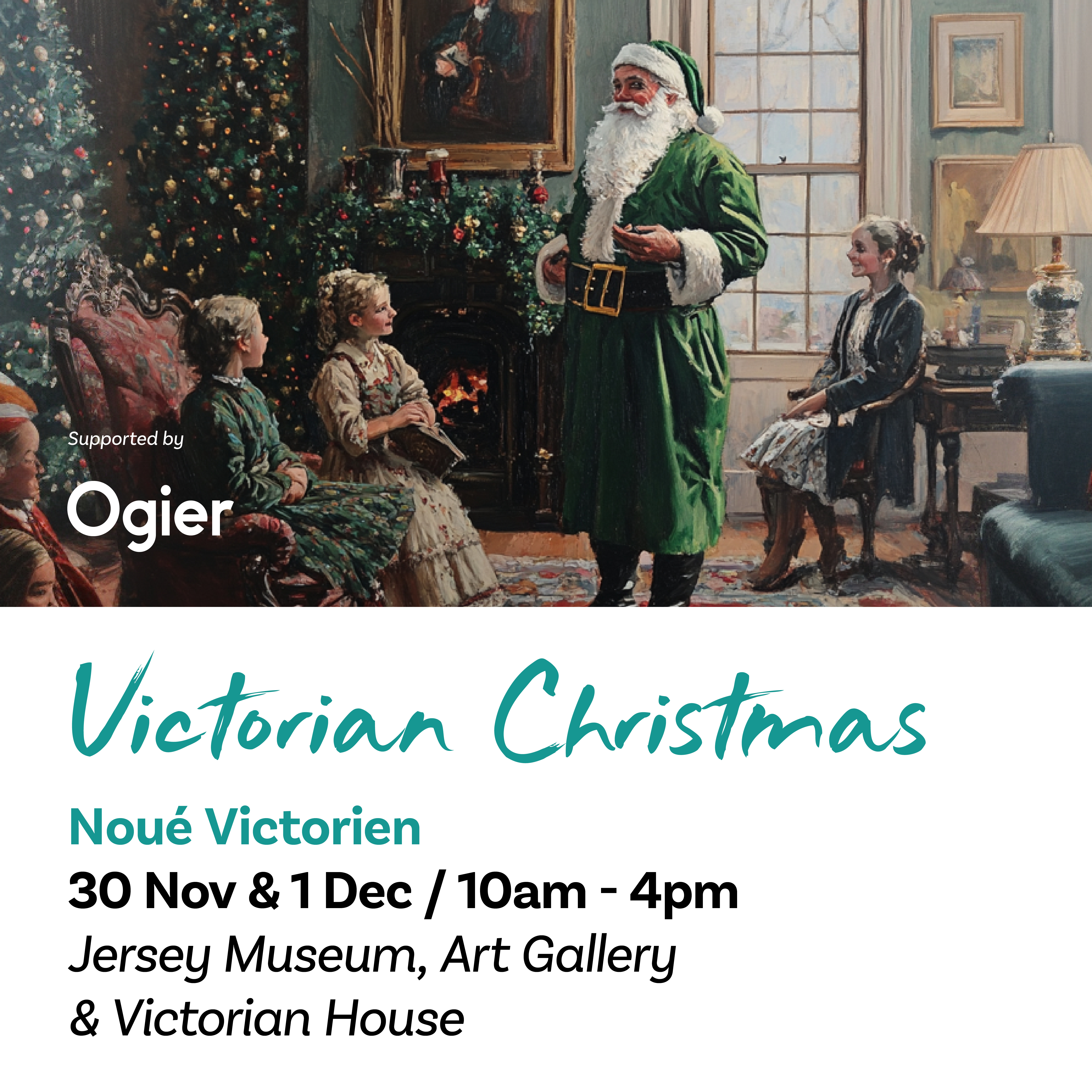 Father Christmas in green coat stands in Victorian parlour with decorated tree and guests, Ogier sponsorship and event details for Jersey Museum