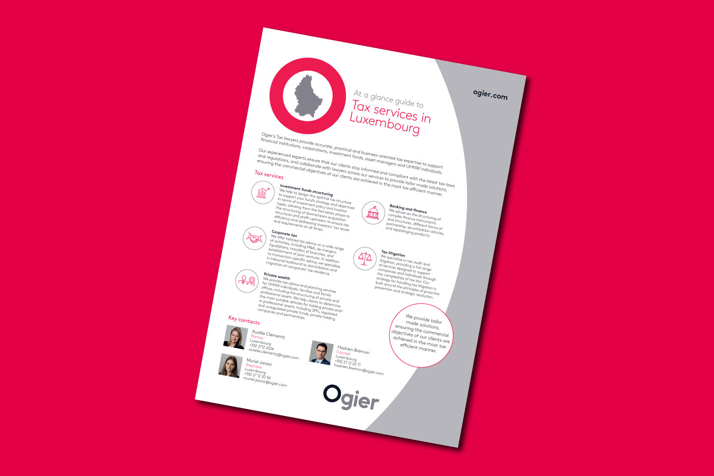 Infographic outlines Ogier’s tax services in Luxembourg, featuring a country silhouette icon, service highlights, and contact details for team members