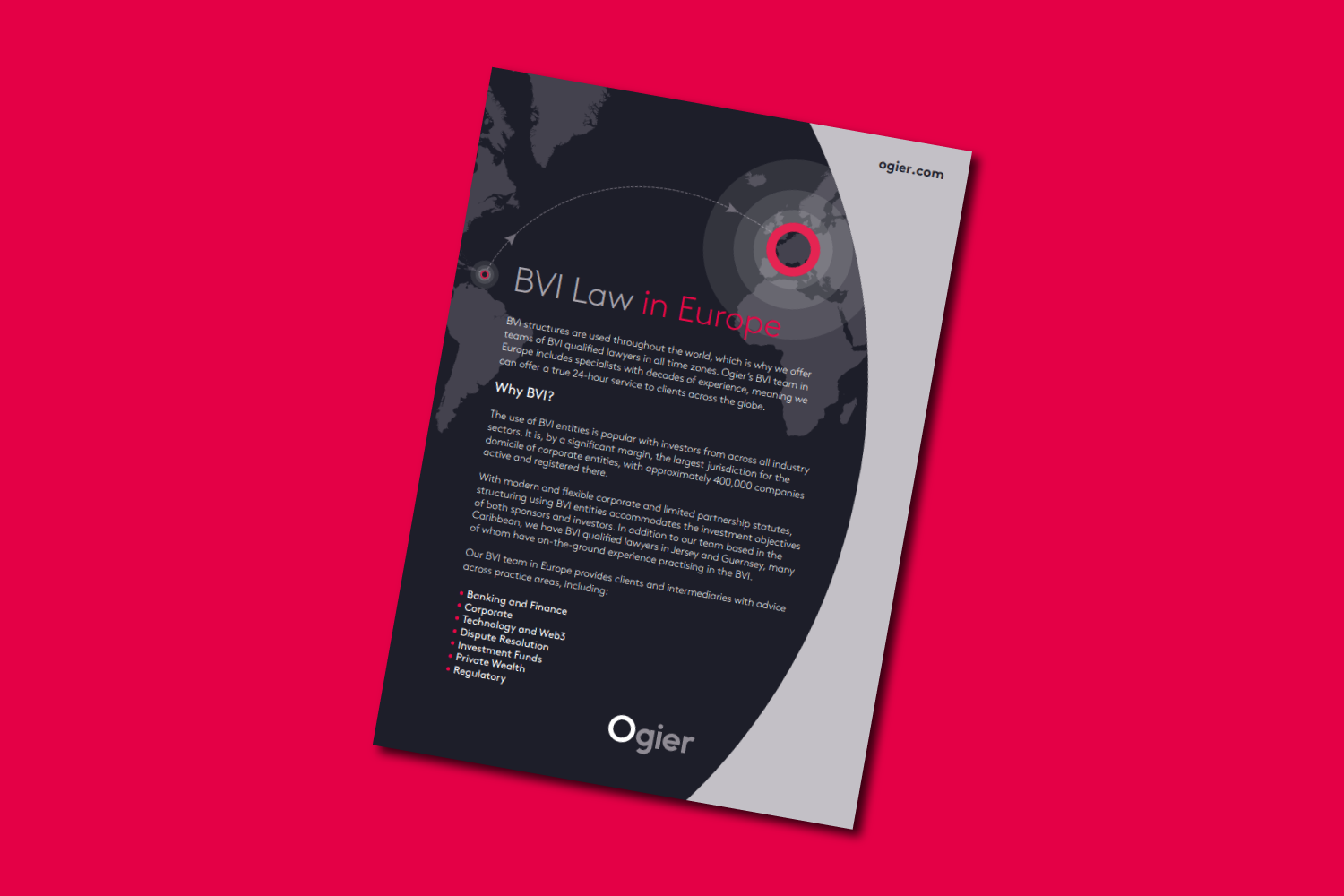 Factsheet features BVI law in Europe, including a map illustration with highlighted region and summary of services for European clients