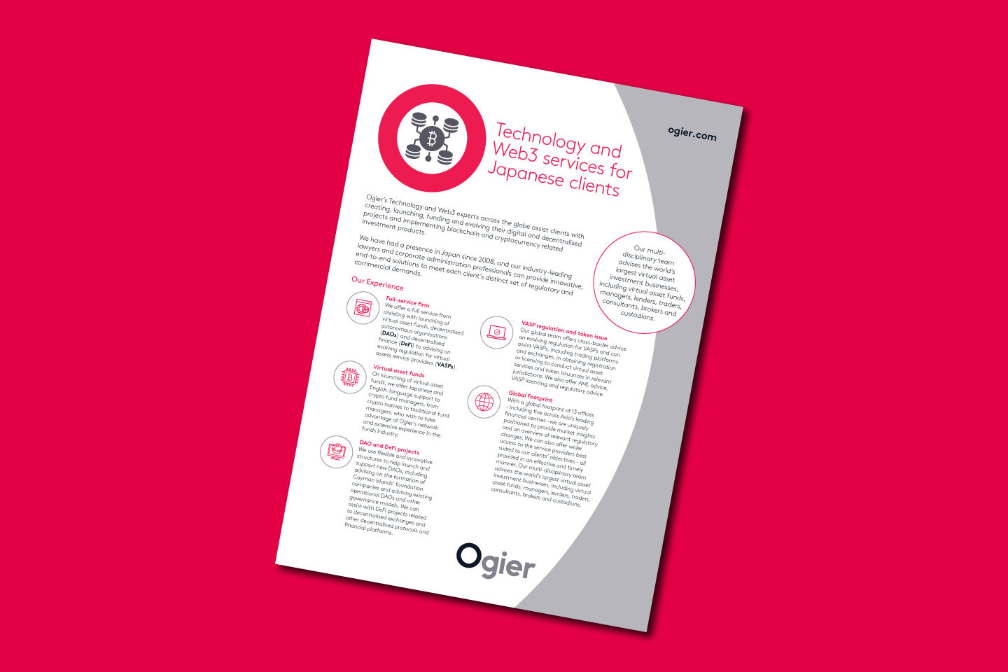 Infographic outlines Ogier’s technology and Web3 services for Japanese clients, featuring network icon, key expertise highlights and sector service points
