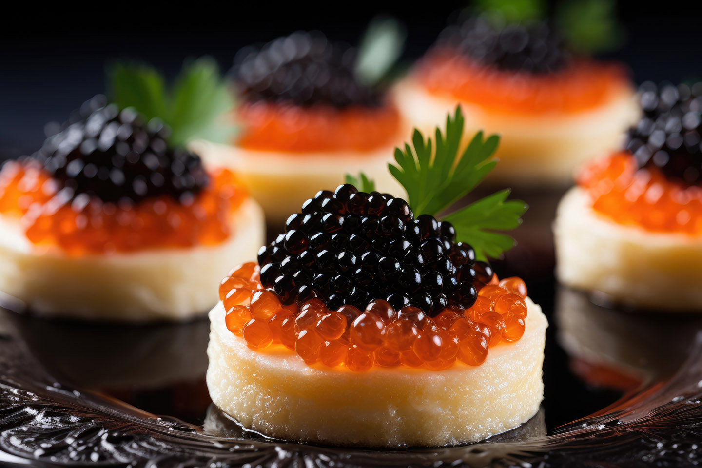 black and orange caviar with parsley garnish on belinis  