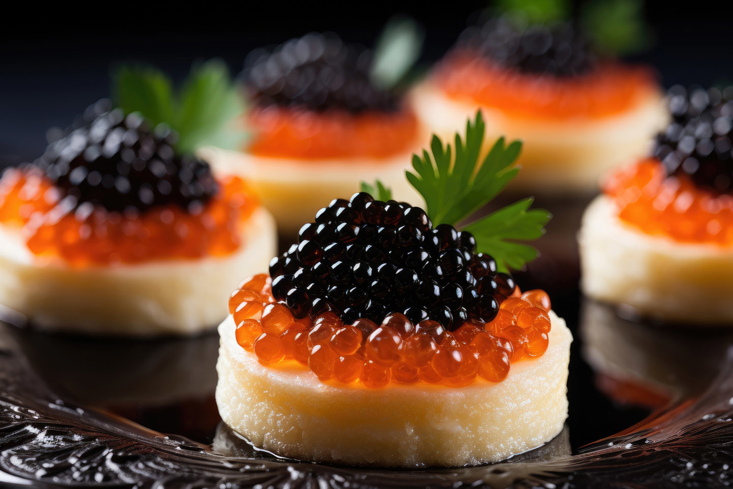 black and orange caviar with parsley garnish on belinis