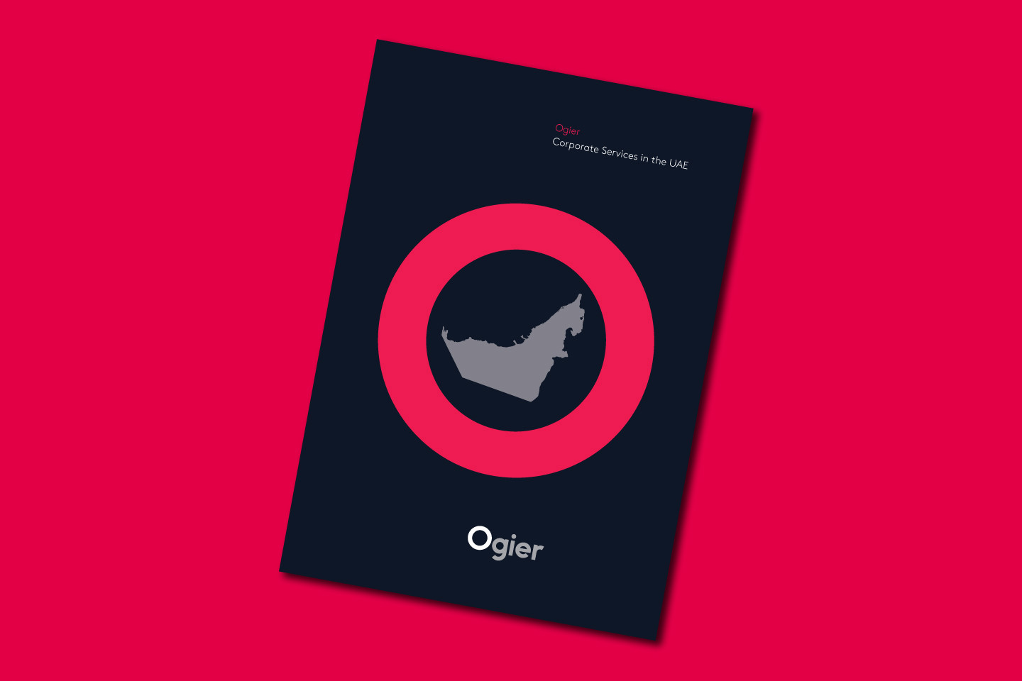 Ogier Dubai Corporate Services brochure cover features a stylised UAE map illustration within a bold circular design on a dark background