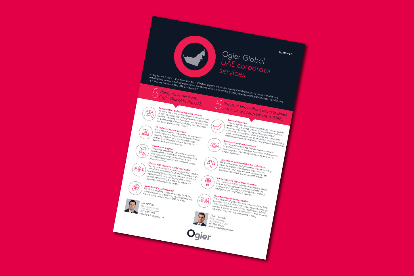 Infographic presents Ogier Global’s UAE corporate services, featuring map icon, key service highlights and profiles of team contacts