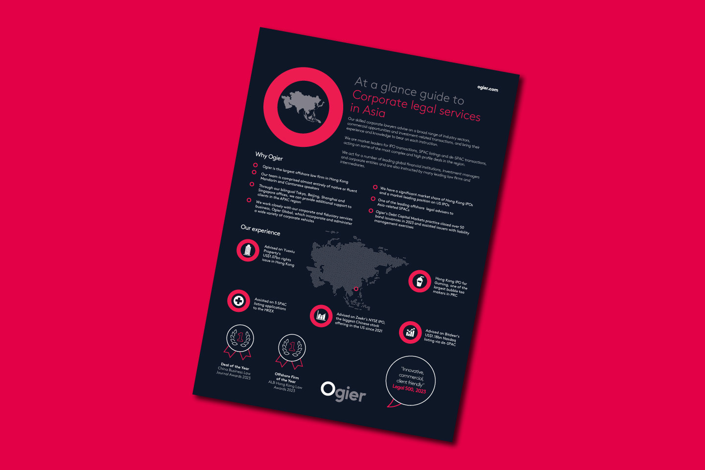 Infographic highlights Ogier’s corporate legal services in Asia, featuring a continent icon, a map of Asia, key practice areas and major experience statistics