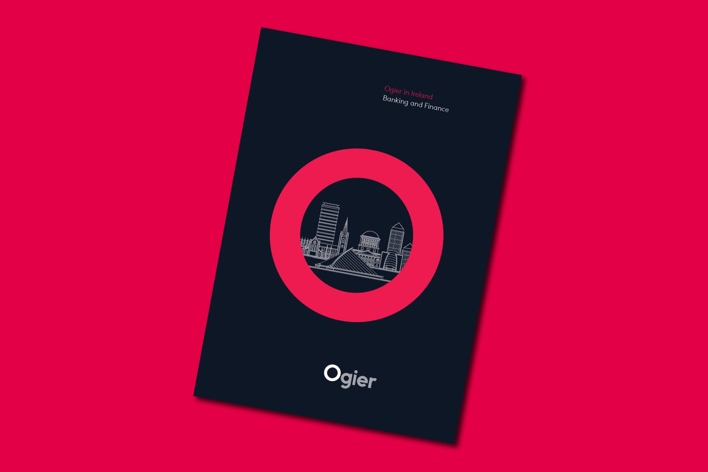 Ogier Ireland Banking and Finance brochure cover featuring stylised cityscape illustration inside a bold pink circle with Ogier branding on dark background