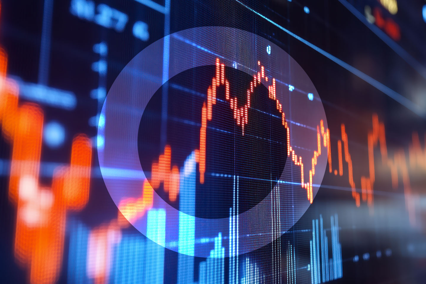 Stock market graph shown on computer screen with overlayed 'O'