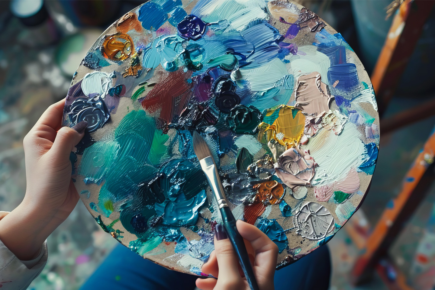 hands holding a paint brush and a well used paint palette