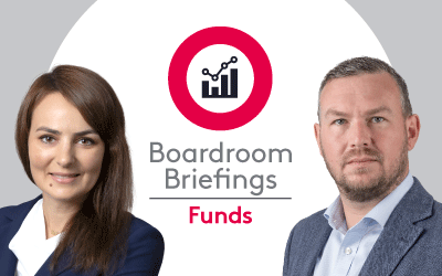 Boardroom Briefings Funds branding with stylised chart logo with Inesa Pistolas and David Fowler