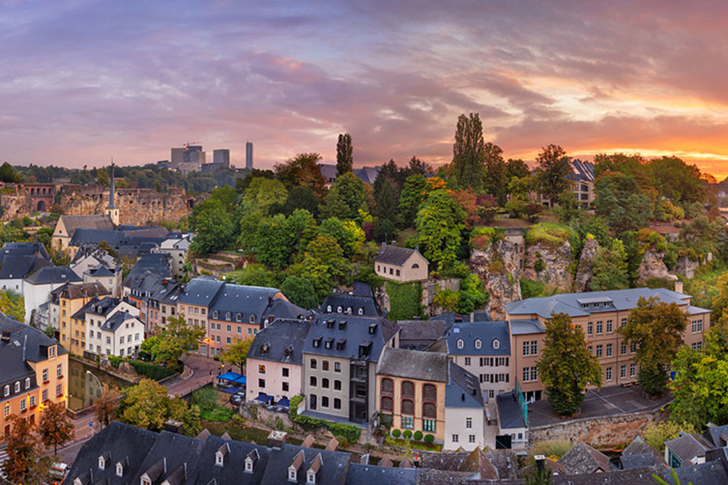 Panoramic photo of Luxembourg houses and buildings at sunset