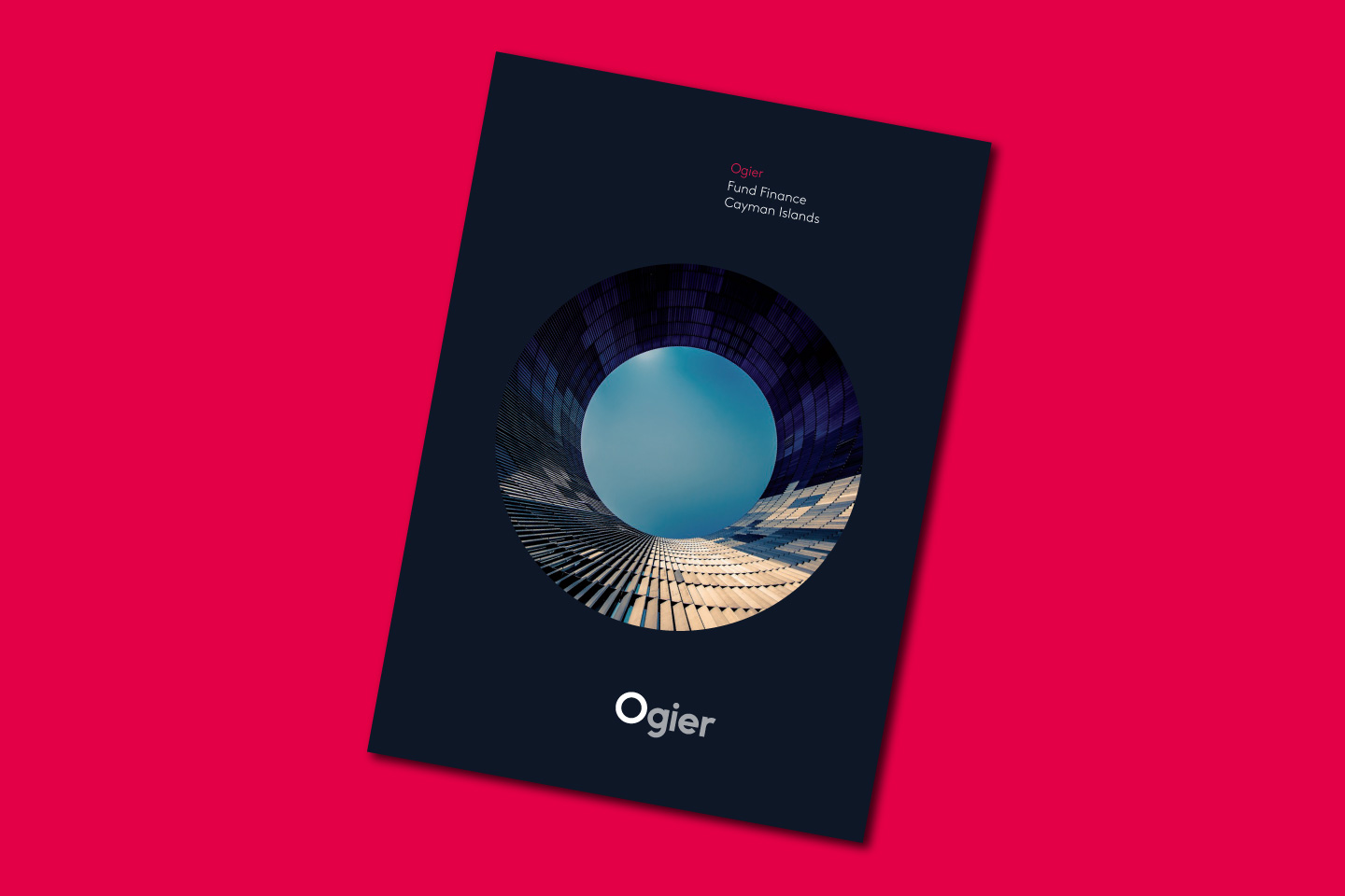 Ogier Fund Finance Cayman Islands cover features architectural photograph viewed through a circular frame with a blue sky, set against dark branding