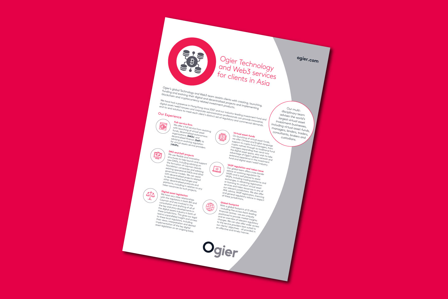 Infographic highlights Ogier’s technology and Web3 services for clients in Asia, featuring Web3 icon, service benefits and sector expertise
