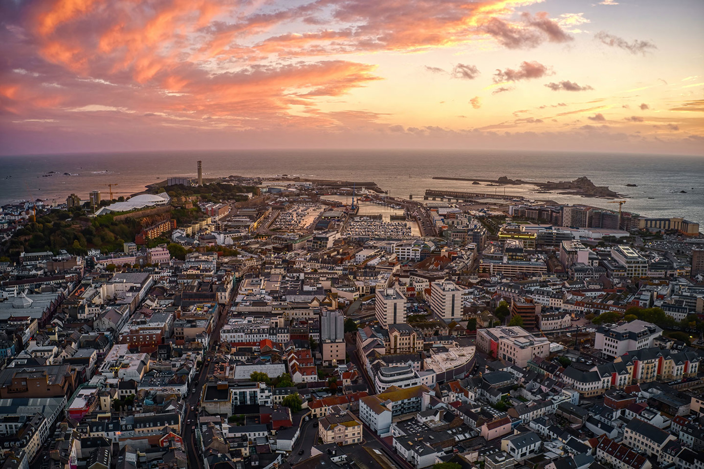 aerial view of St Helier, Jersey at sunset 