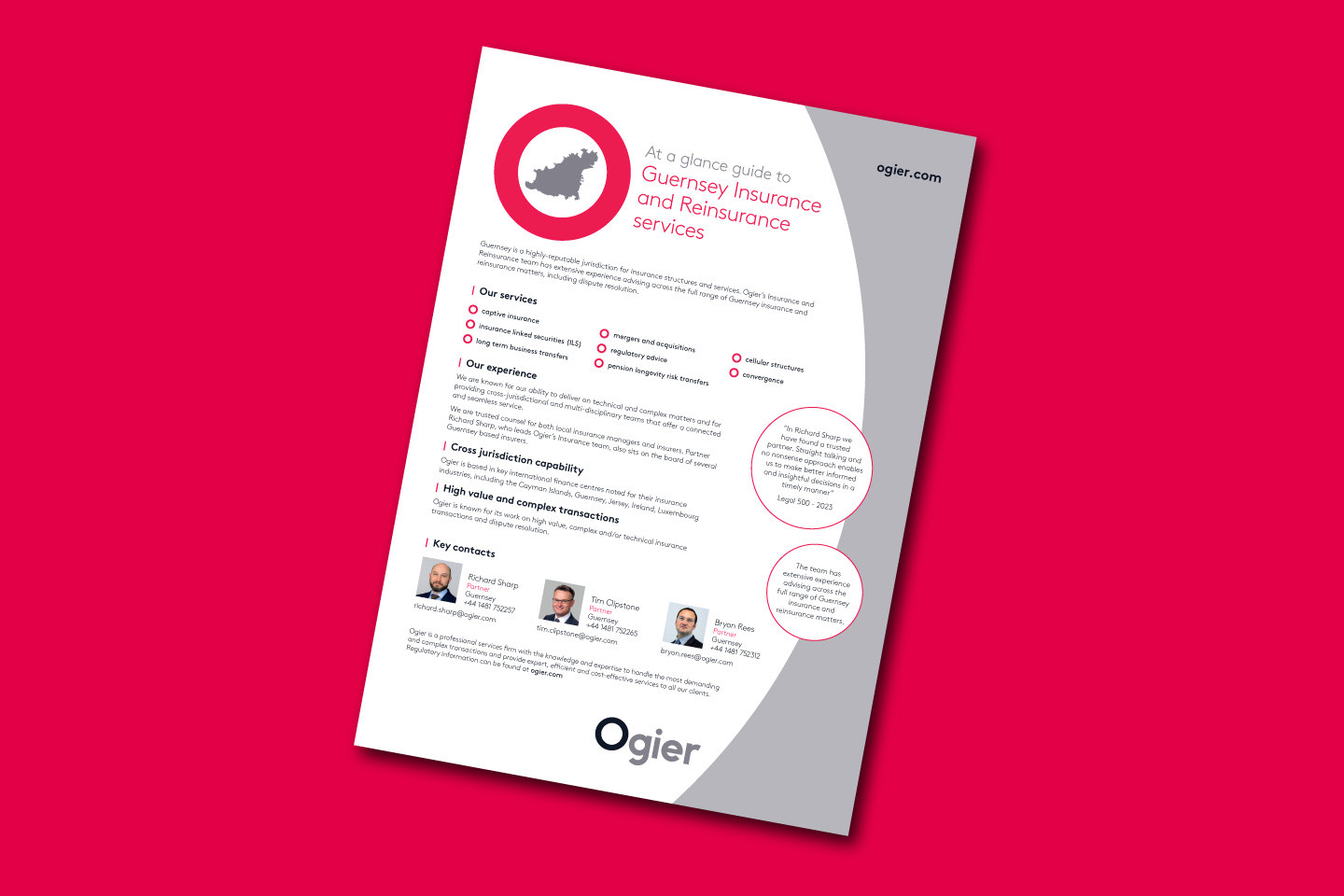 Ogier guide to Guernsey insurance and reinsurance services with key service highlights, expertise summary, icon of Guernsey and Ogier branding