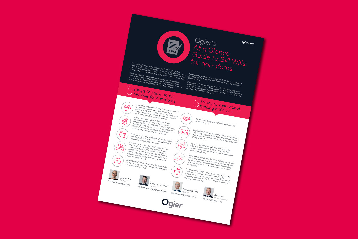 Briefing on BVI Wills for non-doms with illustrated icons, highlighted key facts and team member profiles
