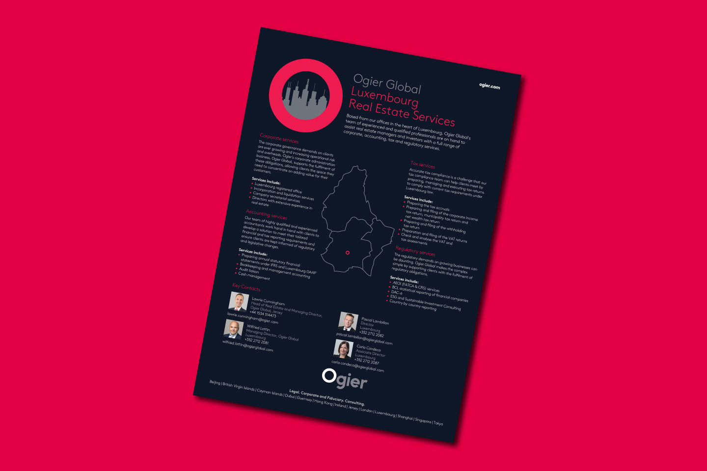 Infographic details Ogier Global’s Luxembourg real estate services with cityscape icon, map of Luxembourg, bullet points on specialist areas and team contacts