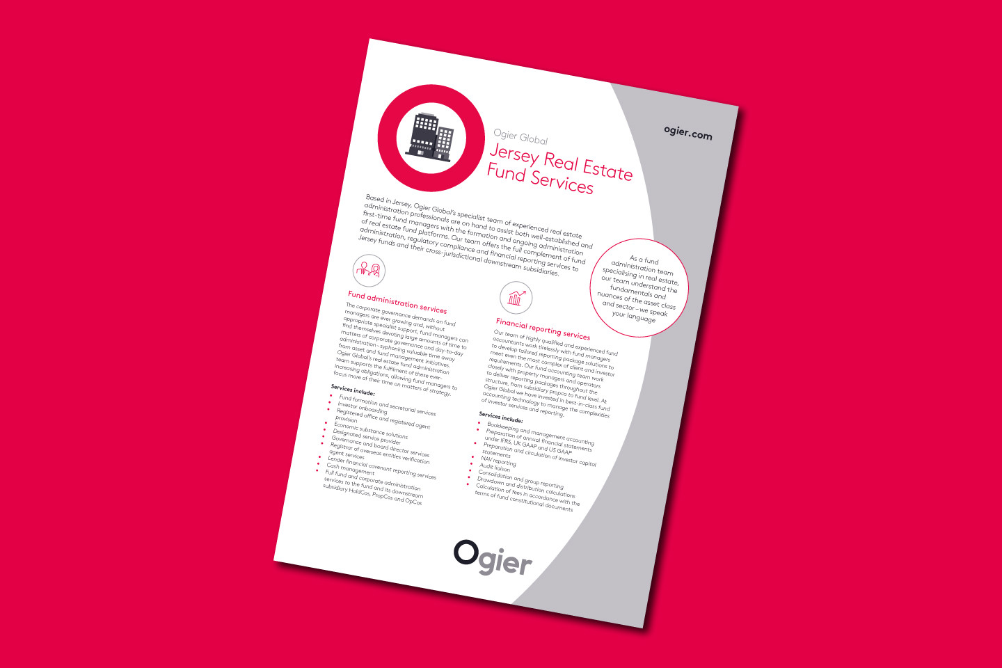 Infographic outlines Ogier Global’s Jersey real estate fund services, with building icon, key service highlights and summary of sector expertise