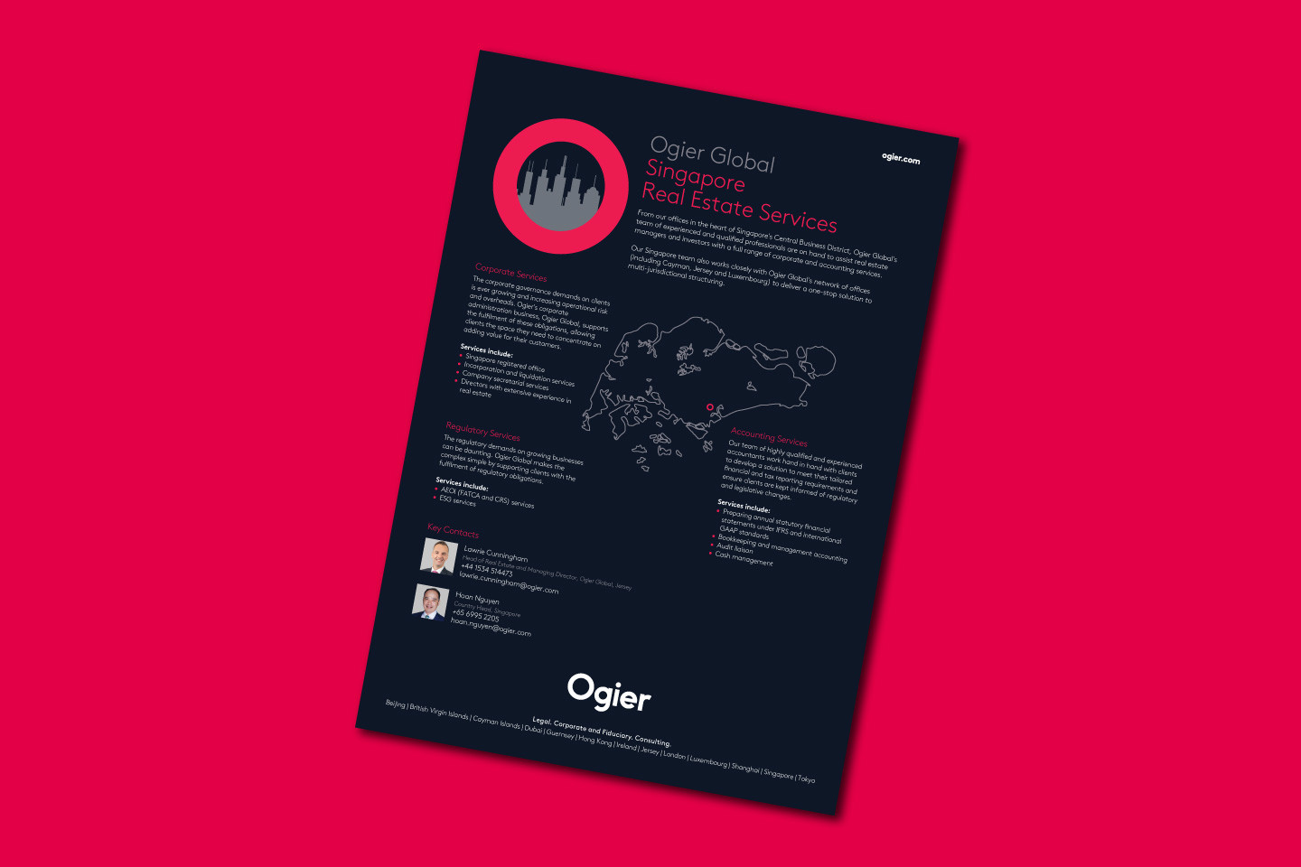 Infographic showcases Ogier Global’s Singapore real estate services, with a cityscape icon, outline map of Singapore, service highlights and team contacts