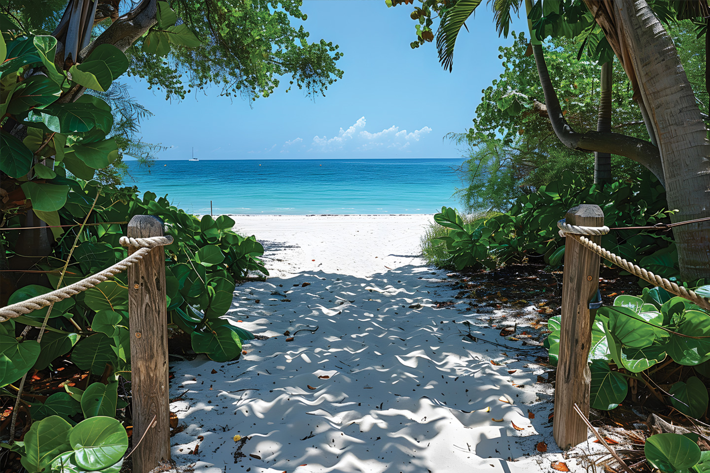 view of Rights of Way beach in Cayman Islands, with wooden posts and rope guiding towards white sand, turquoise water and leafy trees.