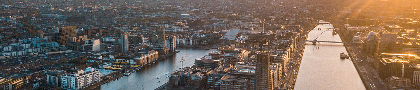 aerial view of Dublin, Ireland at sunrise